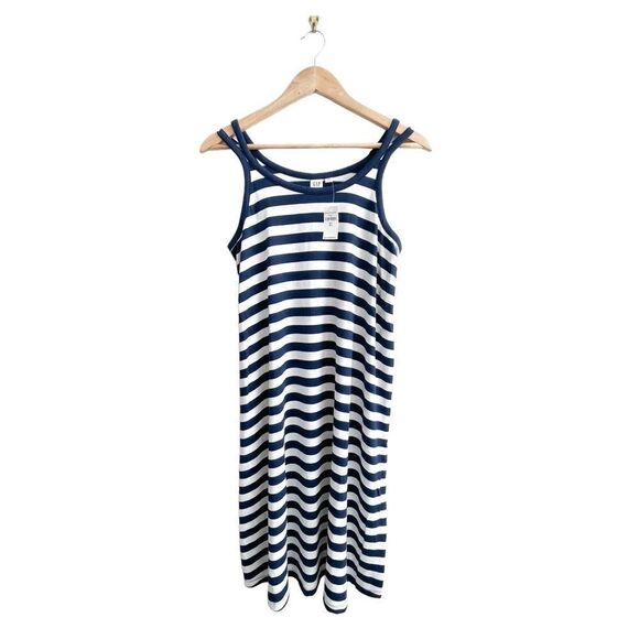 Gap Softspun Striped Dress Navy White Women's M Tall Double Spaghetti Strap NWT - Picture 1 of 7